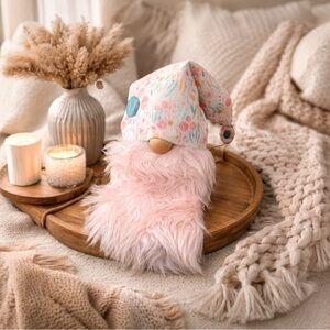 Handmade Floral Gnome Decor | Pink Faux Fur Spring Gnome Farmhouse Shelf Sitter